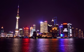 상하이, 중국, 밤, 도시, 조명, 고층 빌딩, 강
