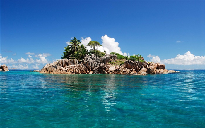 작은 섬, 푸른 바다, 하늘, 세이셸 섬 배경 화면 그림