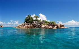작은 섬, 푸른 바다, 하늘, 세이셸 섬 HD 배경 화면