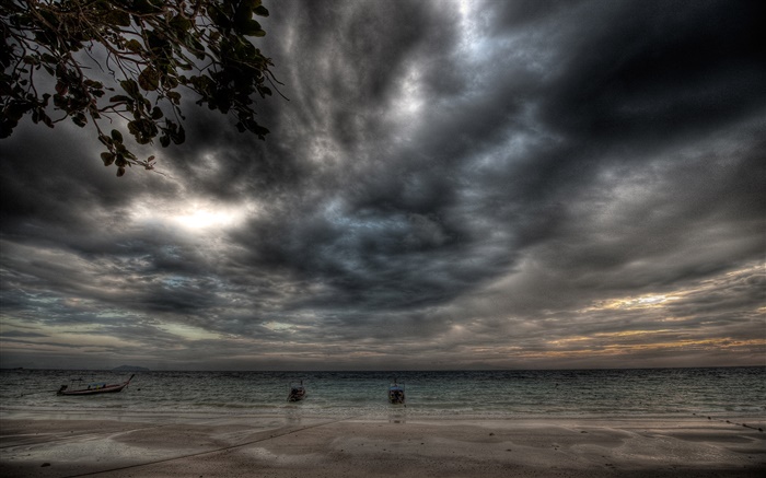 폭풍, 구름, 해안, 해변, 보트, 저녁 배경 화면 그림