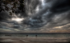 폭풍, 구름, 해안, 해변, 보트, 저녁 HD 배경 화면
