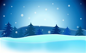 벡터 크리스마스 사진, 나무, 눈송이, 푸른 하늘