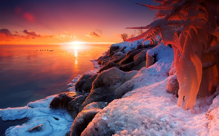 겨울, 일출, 호수, 얼음, 눈, 아름다운 풍경 배경 화면 그림