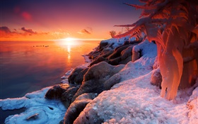 겨울, 일출, 호수, 얼음, 눈, 아름다운 풍경 HD 배경 화면