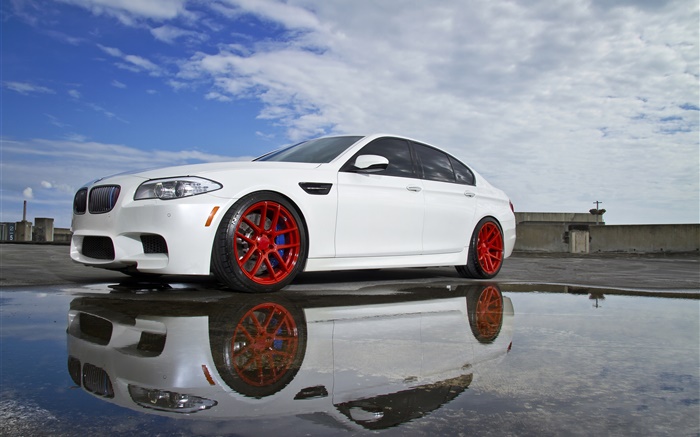 BMW M5 F10 흰색 차, 웅덩이 배경 화면 그림