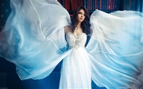 아름다운 하얀 드레스 소녀, 날개, 책 HD 배경 화면