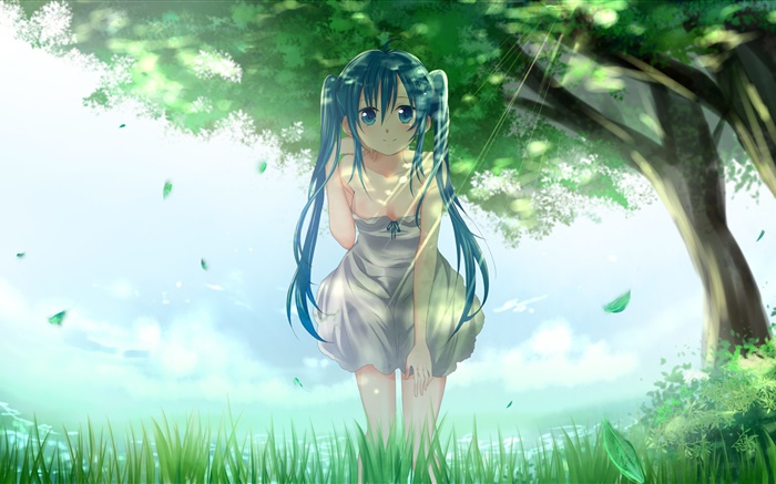 파란 머리 애니메이션 소녀, 하츠네 미쿠, 나무, 잔디, 나뭇잎 배경 화면 그림