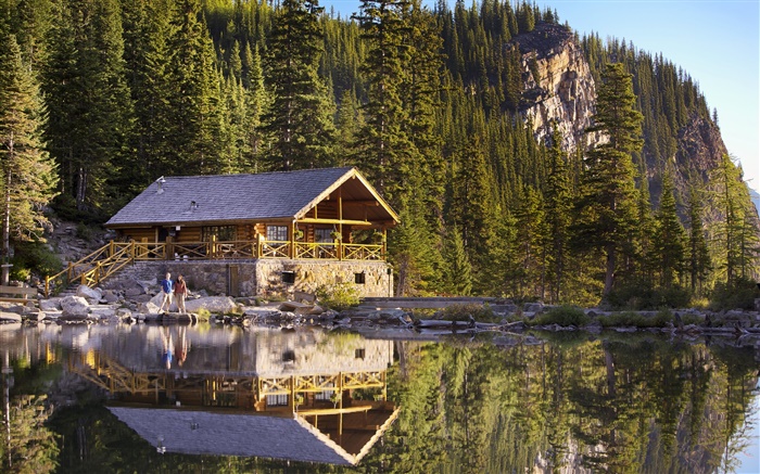 캐나다, 밴프 국립 공원, 호수 아그네스, 산, 집, 사람, 부두 배경 화면 그림