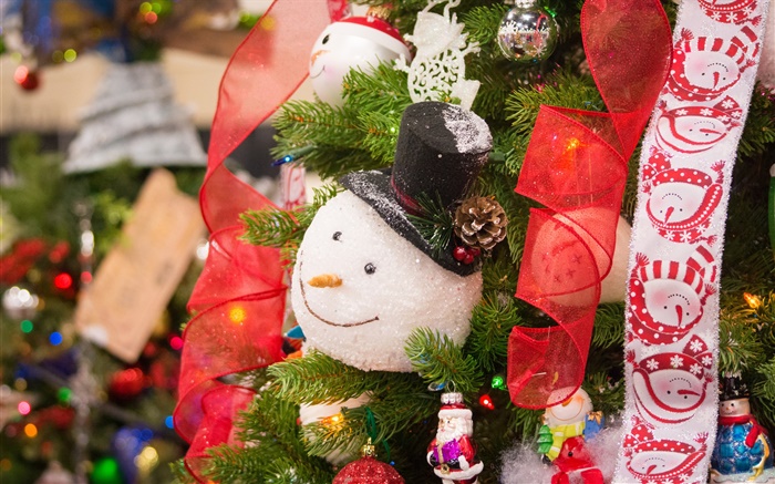 크리스마스 트리, 눈사람, 장난감, 리본 배경 화면 그림