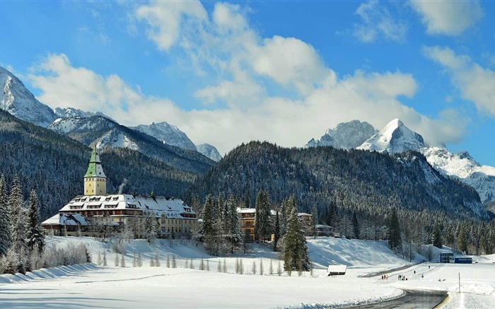 ELMAU 성, 바바리아, 독일, 산, 나무, 겨울, 눈 배경 화면 그림