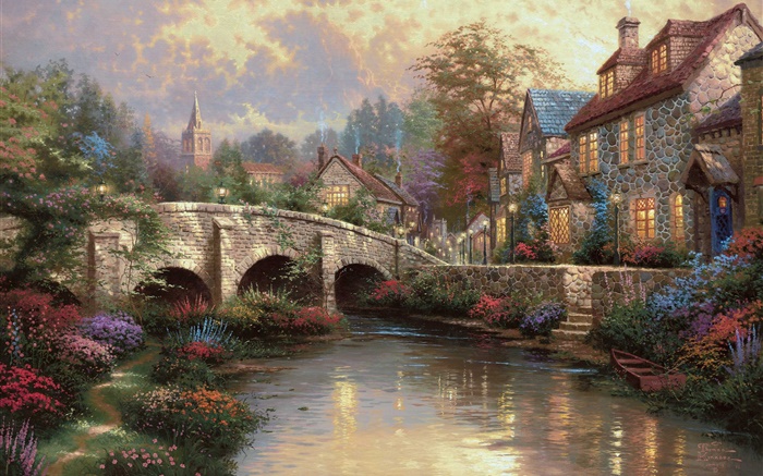 잉글랜드 윌트 셔 지구, 시골, 마을, 집, 다리, 예술 그림 배경 화면 그림