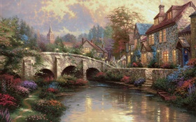 잉글랜드 윌트 셔 지구, 시골, 마을, 집, 다리, 예술 그림