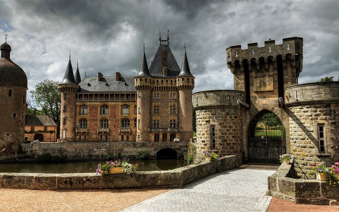 프랑스, 라 Clayette의 성, 요새, 타워, 게이트, 구름 배경 화면 그림