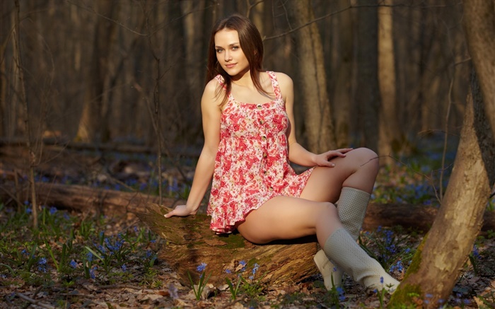 숲에서 소녀 앉아, 다리, 빨간 드레스, 자세 배경 화면 그림