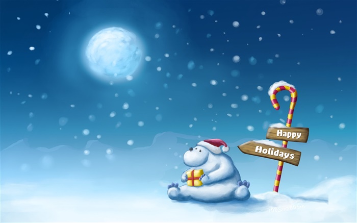 해피 홀리데이, 눈, 곰, 달 배경 화면 그림