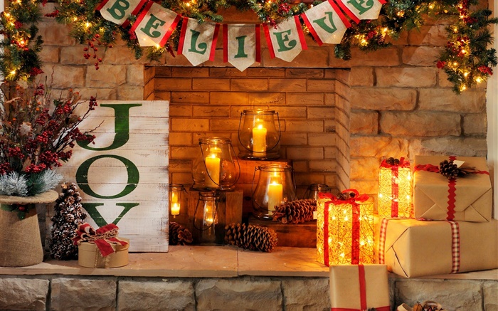 새해 복 많이 받으세요, 메리 크리스마스, 벽난로, 촛불, 선물 상자 배경 화면 그림