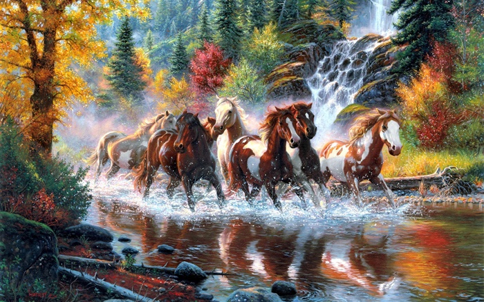 말, 강, 폭포, 숲, 가을, 나무, 예술 그림 배경 화면 그림