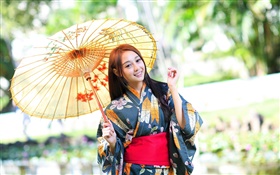 일본 여자, 기모노, 우산, 눈부심 HD 배경 화면