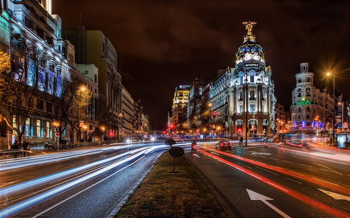 마드리드, 스페인, 도시의 밤, 조명, 주택, 건물, 도로 배경 화면 그림