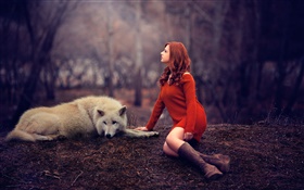 멜리, 소녀와 늑대, 빨간 스웨터 HD 배경 화면