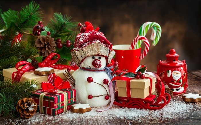 메리 크리스마스, 새해, 장식, 눈사람, 컵, 사탕, 선물 배경 화면 그림