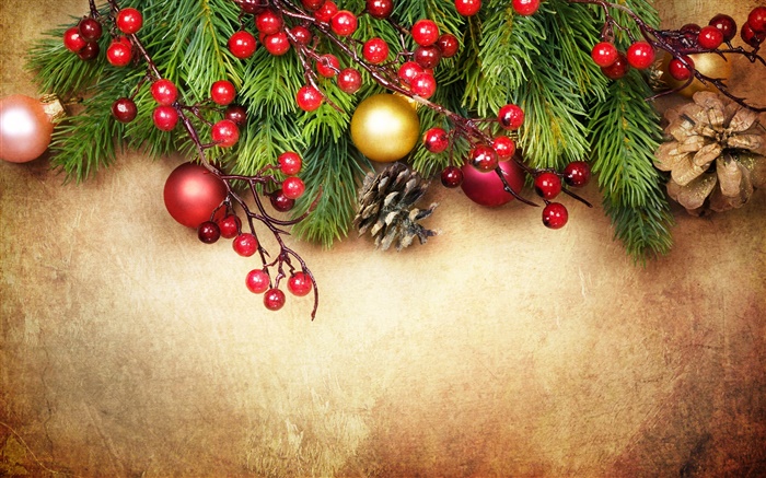메리 크리스마스, 장식, 소나무 나뭇 가지, 열매, 공 배경 화면 그림