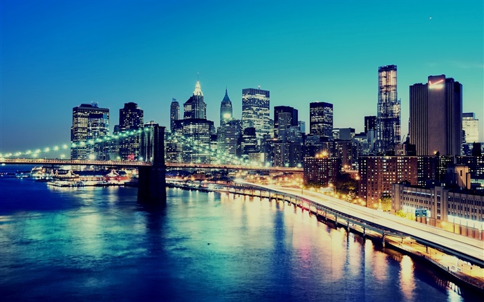 뉴욕, 미국, 밤, 도시의 불빛, 고층 빌딩, 베이 배경 화면 그림