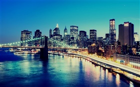 뉴욕, 미국, 밤, 도시의 불빛, 고층 빌딩, 베이