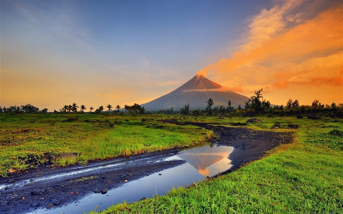 필리핀 마욘 화산, 산, 잔디, 크릭 배경 화면 그림