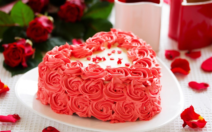 핑크 꽃, 케이크, 장미 꽃잎 배경 화면 그림