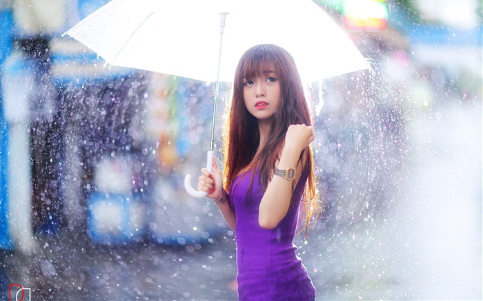 보라색 드레스 아시아 여자, 우산, 비 배경 화면 그림