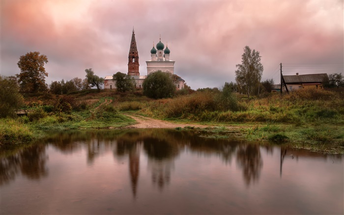 러시아, 사원, 마을, 연못, 잔디, 나무, 구름 배경 화면 그림