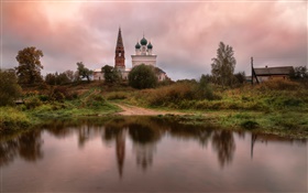 러시아, 사원, 마을, 연못, 잔디, 나무, 구름 HD 배경 화면