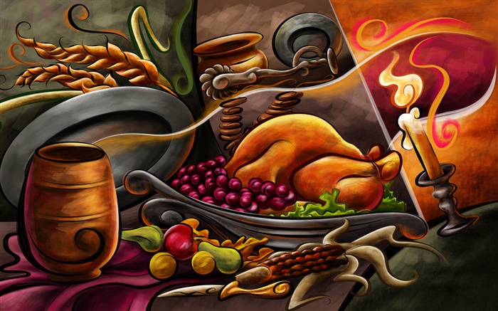 추수 감사절 테마 그림, 닭, 과일, 촛불 배경 화면 그림