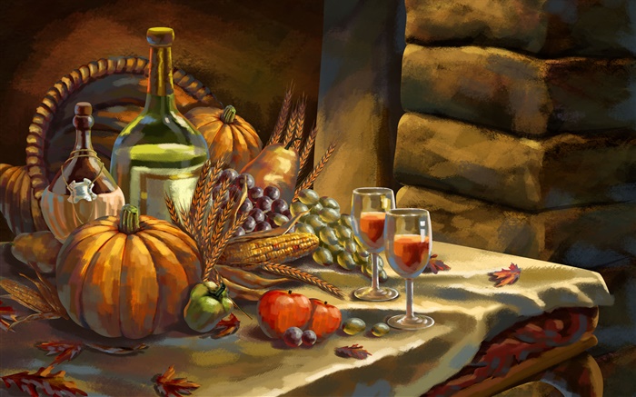 추수 감사절, 수채화, 호박, 포도, 와인, 사과, 밀 배경 화면 그림