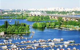 우크라이나, 도시, 강, 다리, 부두, 보트, 나무 HD 배경 화면