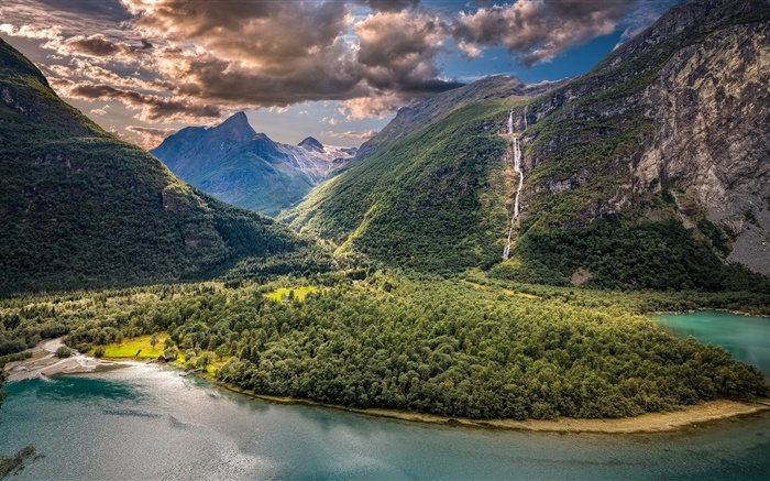 Vikane, 노르웨이, 계곡, 산, 호수, 구름 배경 화면 그림