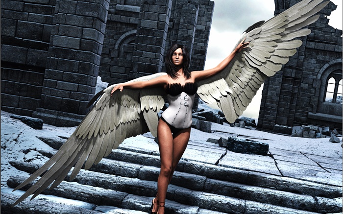 아트 렌더링, 판타지 소녀, 천사, 날개, 계단 배경 화면 그림