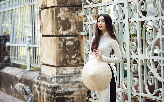 아시아 소녀, 흰색 드레스, 긴 머리, 울타리 배경 화면 그림
