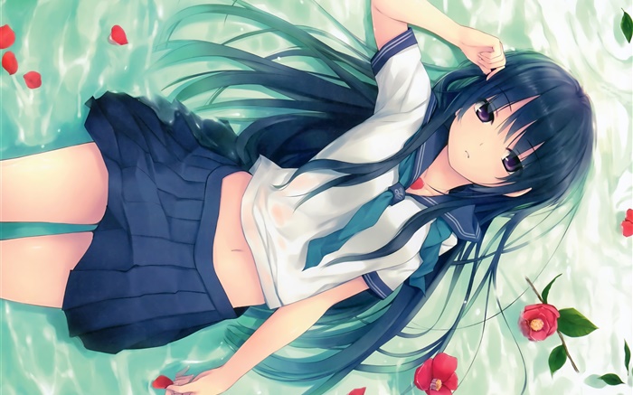 파란 머리 애니메이션 소녀, 포즈, 거짓말 잔디, 꽃 배경 화면 그림