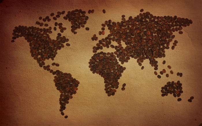 커피 콩, 세계지도, 대륙, 크리 에이 티브 배경 화면 그림