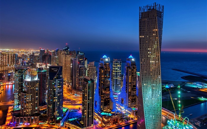두바이, 아랍 에미리트, 도시, 저녁, 조명, 고층 빌딩 배경 화면 그림