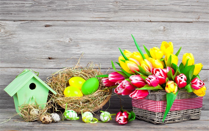 부활절, 다채로운 계란, 튤립 꽃 배경 화면 그림