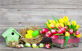 부활절, 다채로운 계란, 튤립 꽃 HD 배경 화면
