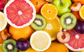 신선한 과일, 딸기, 오렌지, 키위, 자몽, 사과 HD 배경 화면