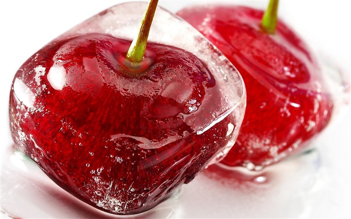 냉동 체리, 얼음, 물, 붉은 열매 배경 화면 그림