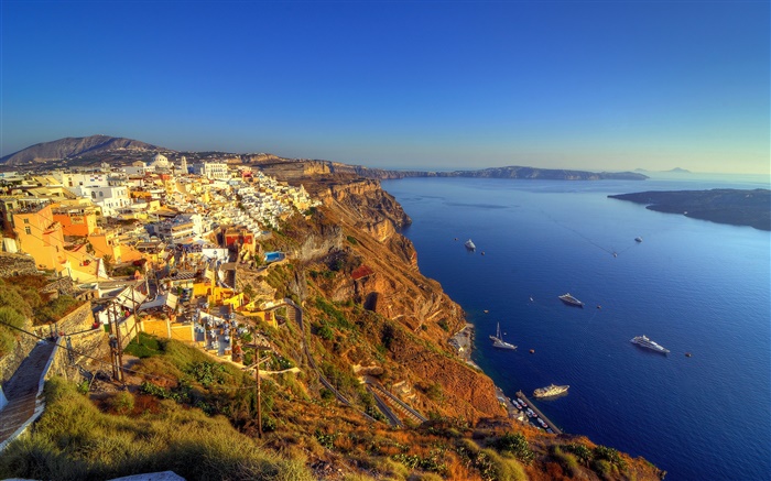 그리스, 산토리니, 해안, 바다, 보트, 베이, 주택 배경 화면 그림