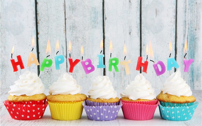 생일, 다섯 컵 케이크, 양초, 다채로운 편지, 크림 케이크 배경 화면 그림