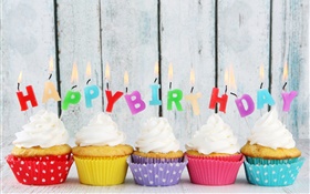 생일, 다섯 컵 케이크, 양초, 다채로운 편지, 크림 케이크 HD 배경 화면
