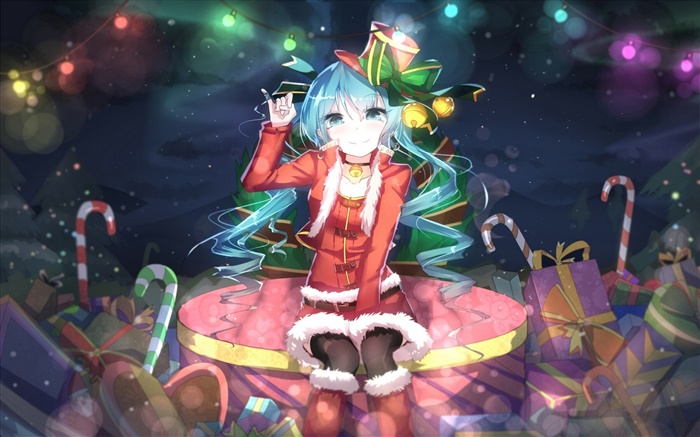 하츠네 미쿠, 크리스마스 애니메이션 소녀, 모자, 미소, 선물 배경 화면 그림